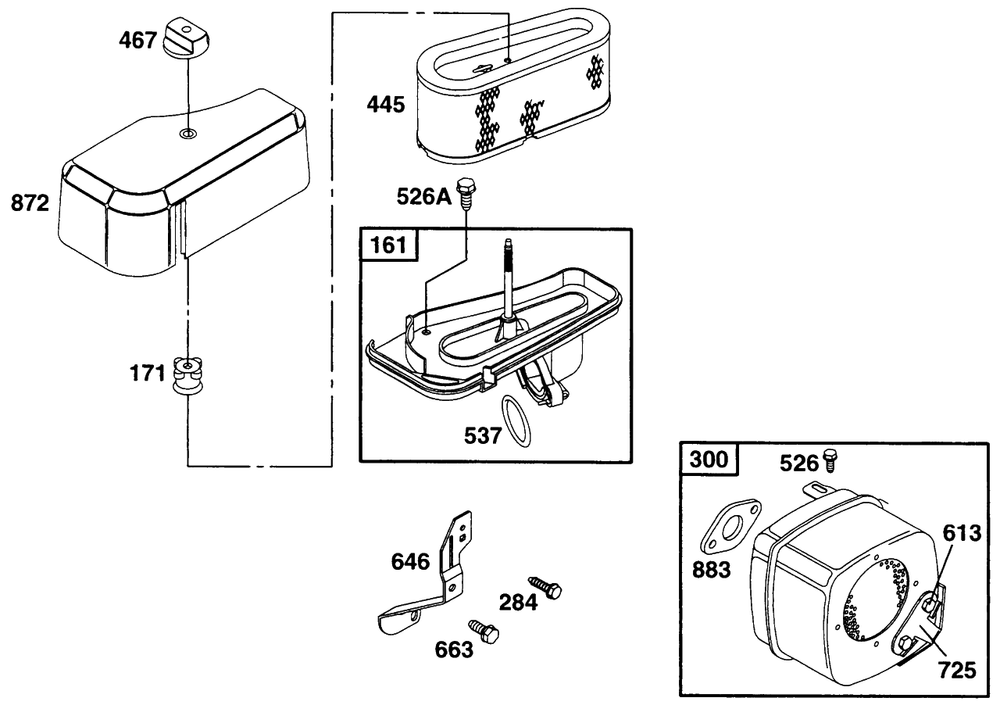 Air Cleaner Grp, Muffler Grp Diagram and Parts List for 282707-0118-XX  Briggs and Stratton Engine